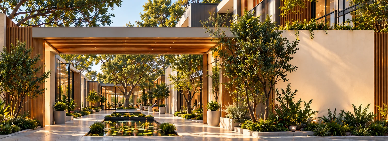 Concept rendering of a garden entrance and light-filled sanctuary buildings with a central reflecting pool