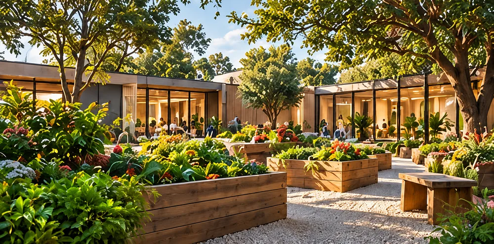 Concept rendering of community garden beds among trees and sanctuary buildings
